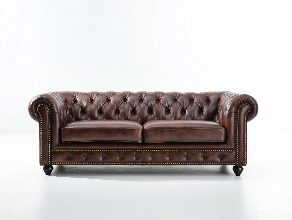 Sofás lineales de cuero 220x92x78 cm - Marrón oscuro - Estilo Chesterfield con capitoné