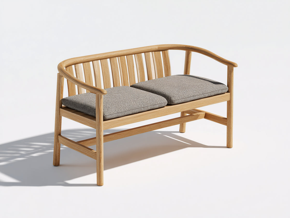 Banco de jardín de madera con respaldo curvado y cojines acolchados 150x65x85 cm - color madera natural - diseño exterior contemporáneo
