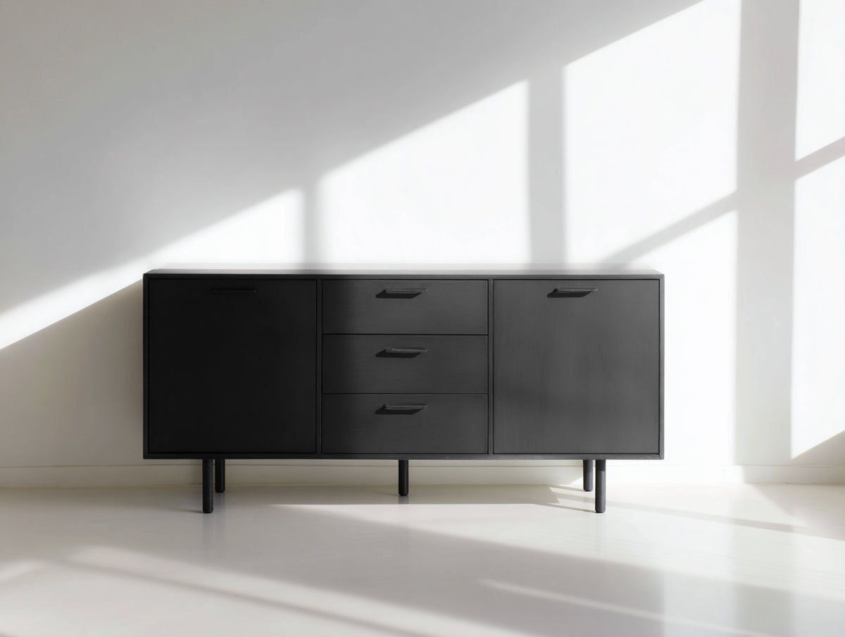 Mueble recibidor de madera 160 x 42 x 82 cm - negro - diseño moderno con 2 puertas y 3 cajones