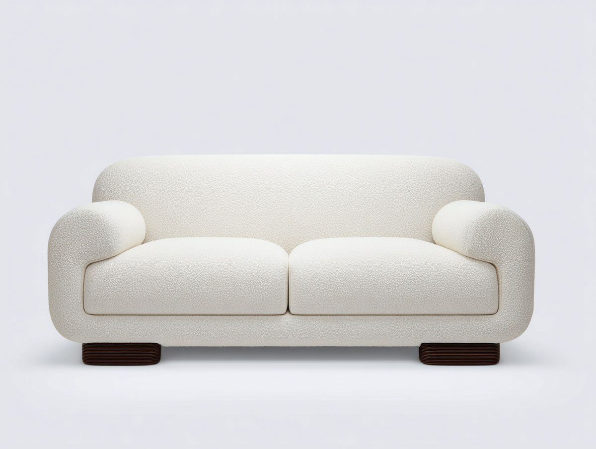 Sofá lineal 220x92x78 cm - de 3 plazas tapizado en tela bouclé con respaldo curvado y diseño envolvente - color blanco crema - estilo moderno minimalista