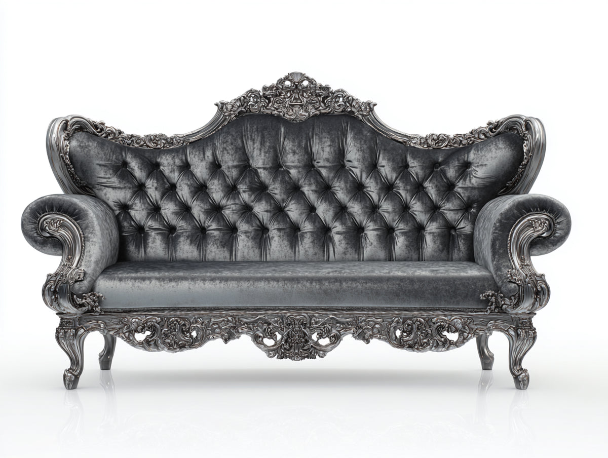 Sofá lineal 250x90x115 cm - clásico de 3 plazas con tapizado de terciopelo y estructura decorativa tallada - color gris plateado - estilo vintage elegante