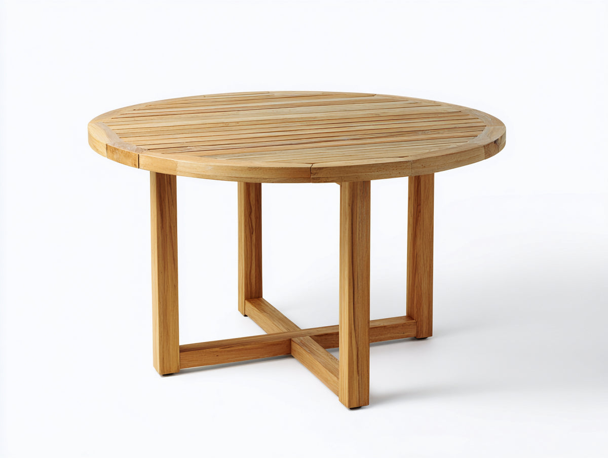 Mesa de jardín redonda de madera natural 120x120x75 cm - color madera natural - diseño exterior clásico