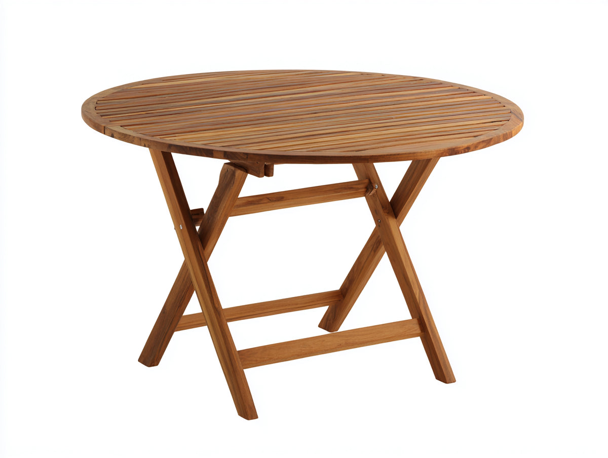 Mesa de jardín redonda 120x120x75 cm - madera acabado natural - estilo plegable para exterior