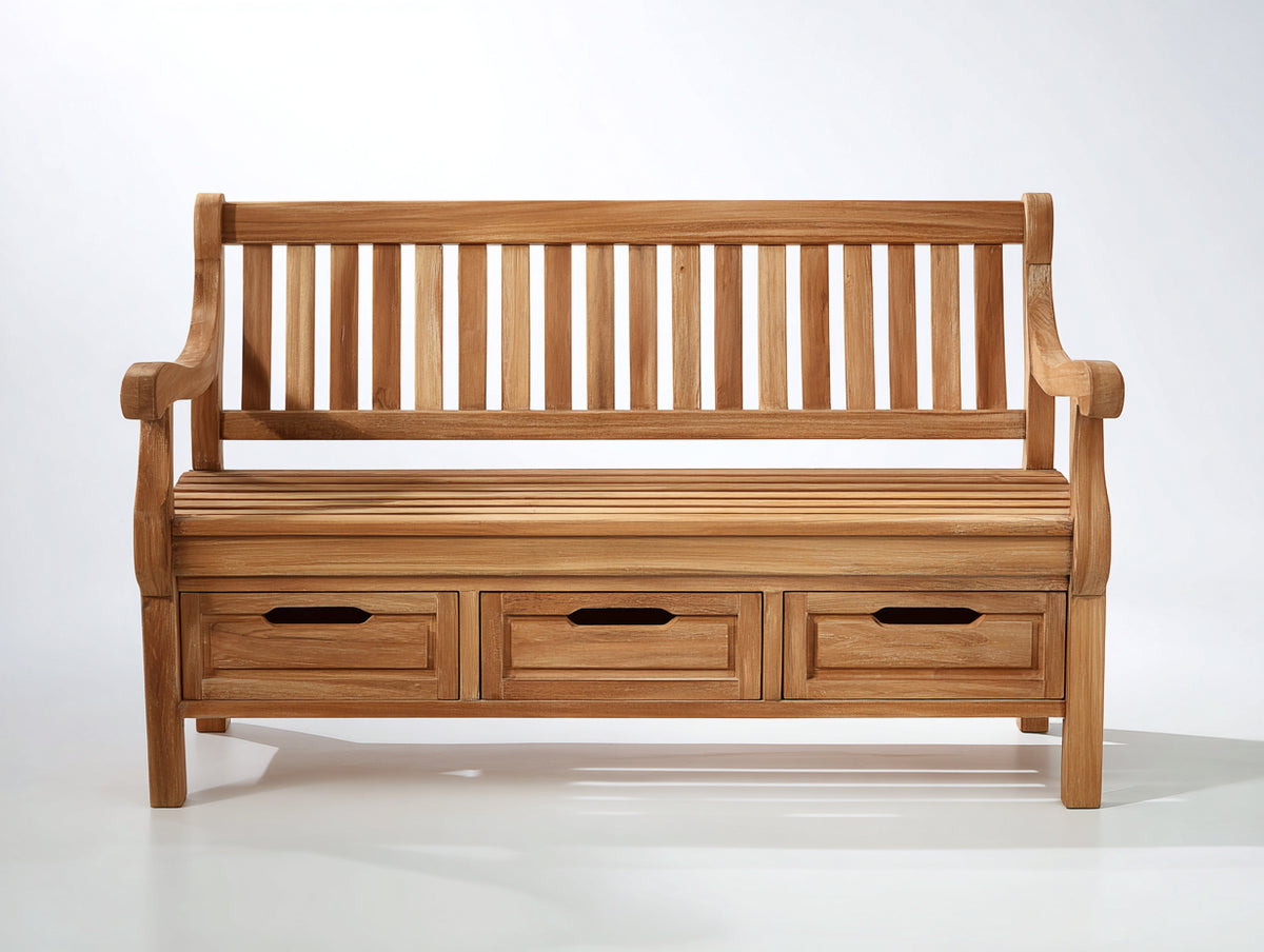 Bancos de jardín de madera 150 x 60 x 90 cm - madera natural - diseño clásico con 3 cajones inferiores