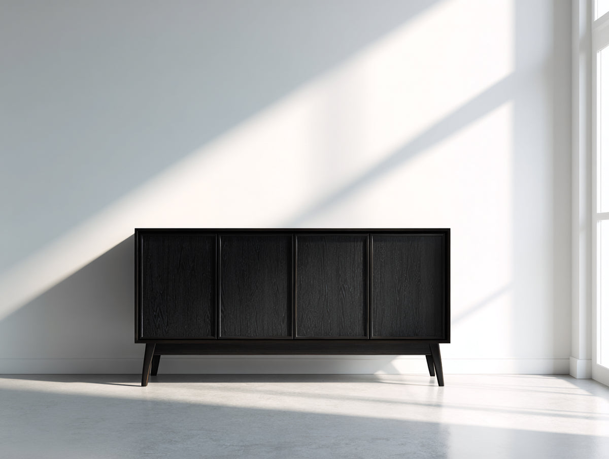 Mueble recibidor moderno de madera con cuatro puertas y patas elevadas 180x40x75 cm - color negro - estilo contemporáneo