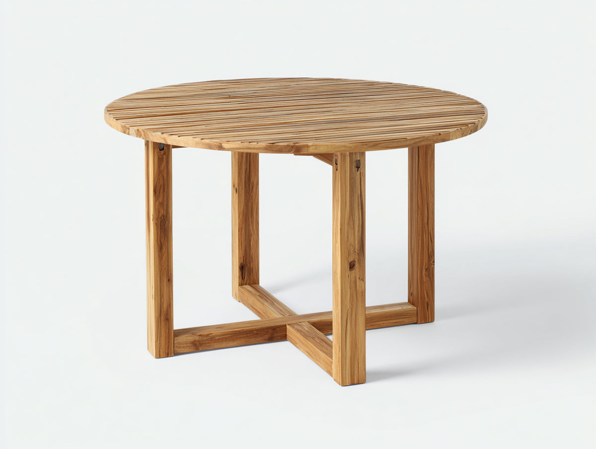 Mesa de jardín redonda 140x140x75 cm - madera acabado natural - diseño clásico para exterior