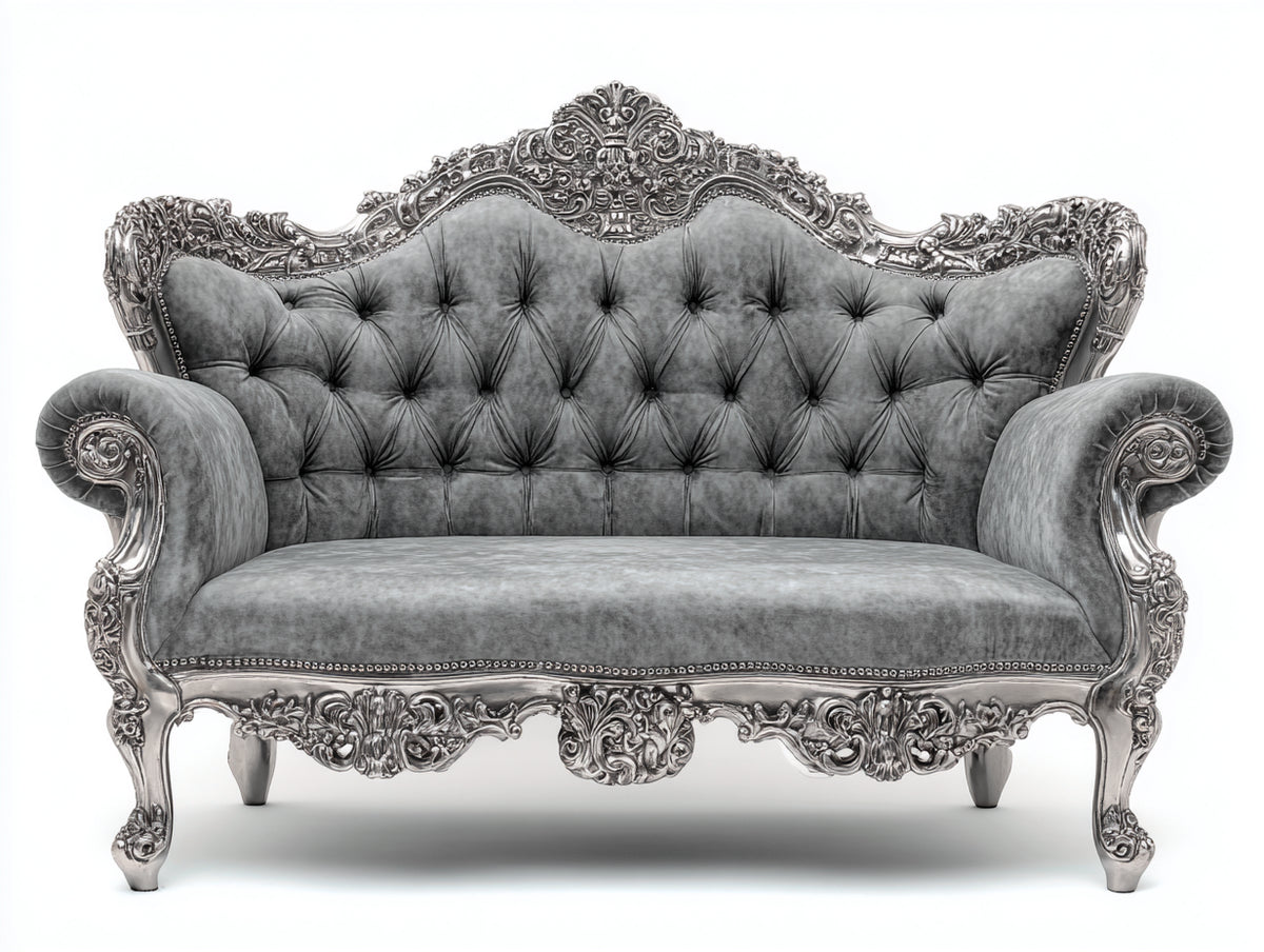 Sofás lineales de terciopelo 190x88x118 cm - Gris plateado - Estilo barroco con respaldo capitoné