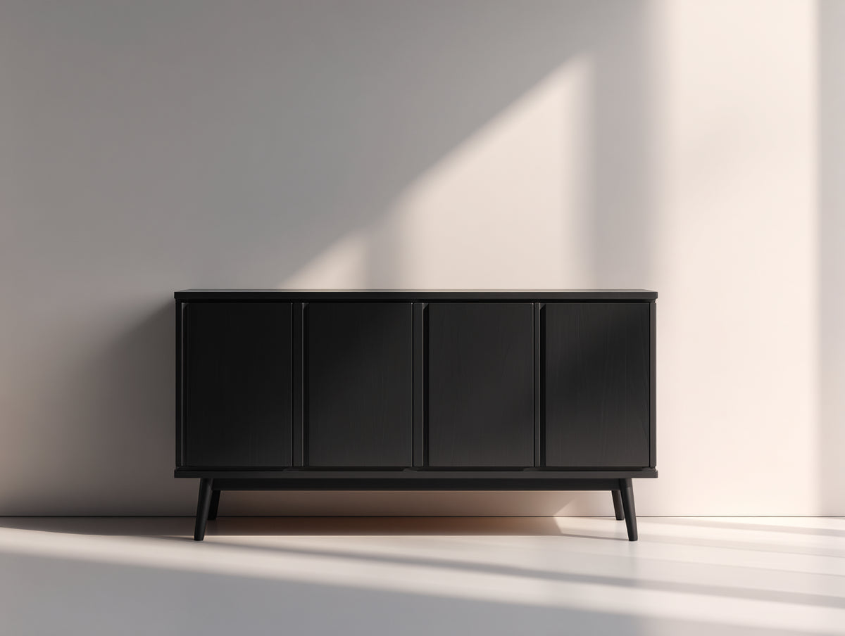 Mueble recibidor de madera 160 x 40 x 75 cm - Color negro - Diseño moderno con 4 puertas para entrada