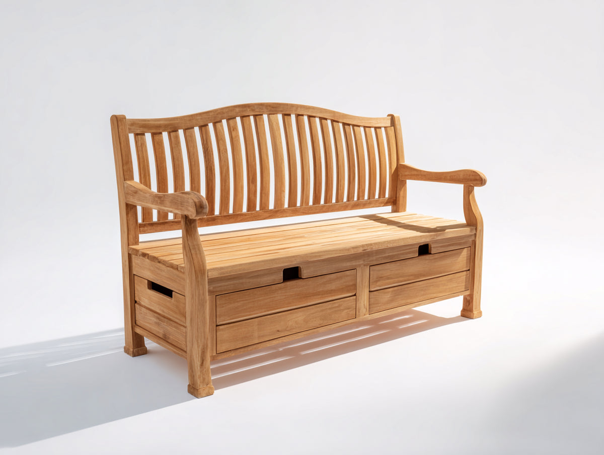 Banco de jardín de madera con respaldo curvado y almacenamiento inferior con 2 cajones 150x65x95 cm - color madera natural - estilo clásico exterior